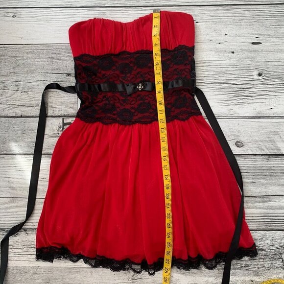 Vintage Y2K Red Sheer Black Lace Corset Strapless Babydoll Dress - Picture 16 of 16
